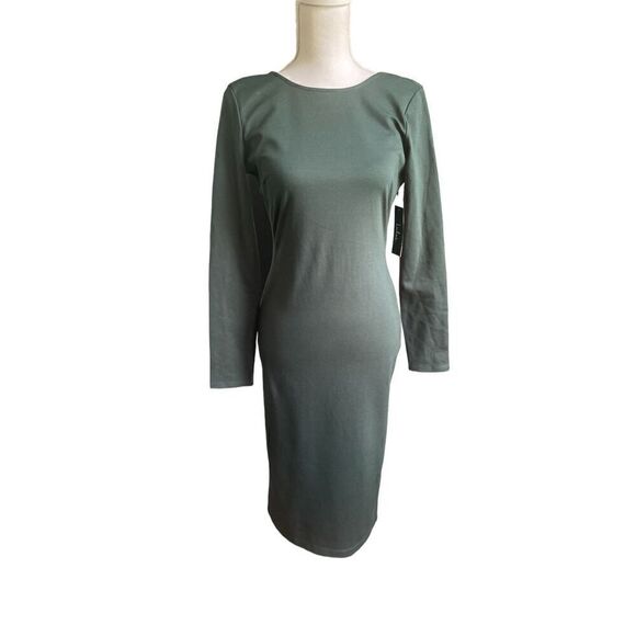 NWT Lulus Olive Green Open Back Long Sleeve Round Neck Dress Size L Party Knee L - Picture 3 of 16